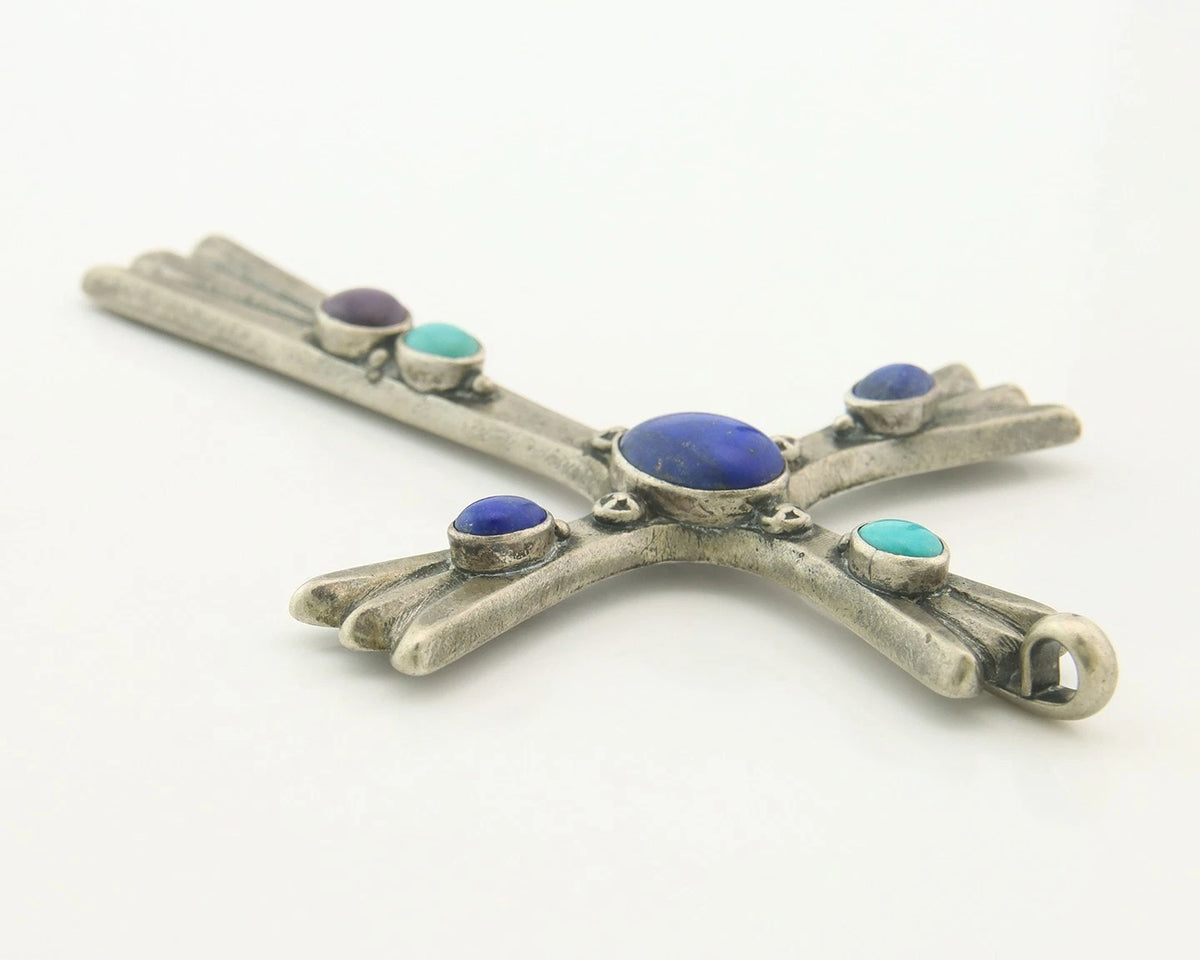 Navajo Cross Pendant Sterling Silver Natural Gemstones Artist Signed De Chelly