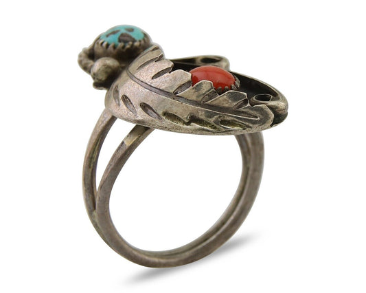 Navajo Handmade Ring 925 Silver Turquoise & Coral Native Artist C.80's