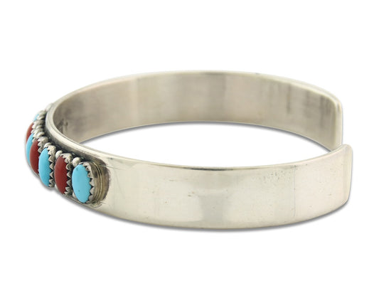 Vintage Navajo Bracelet 925 Silver Red Coral Turquoise Signed J Begay