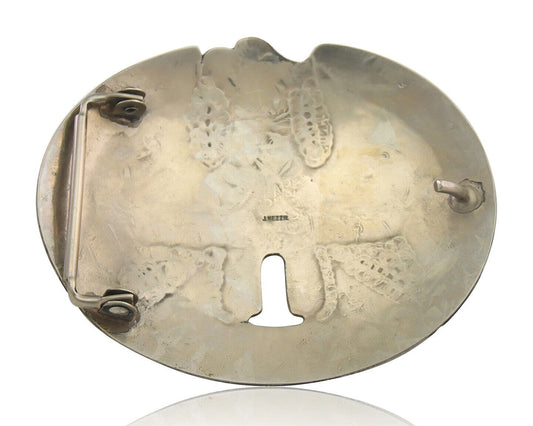 Navajo Belt Buckle .999 Nickel Buffalo Gemstone Signed Jimmie Nezzie 3x3.5in C80