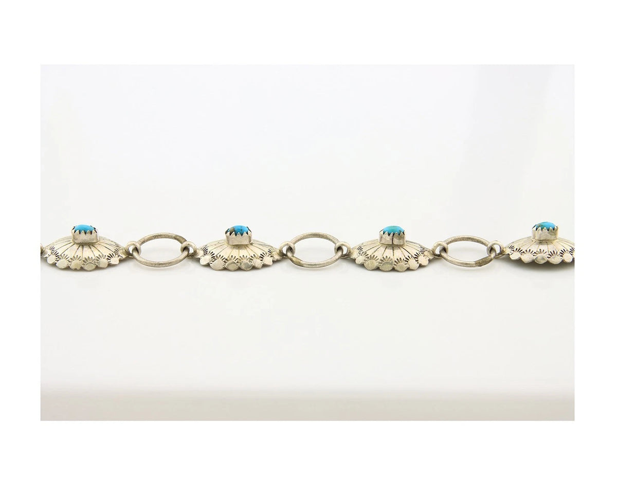 Navajo Concho Bracelet Sterling Silver Turquoise Hand Stamped Signed A.J.