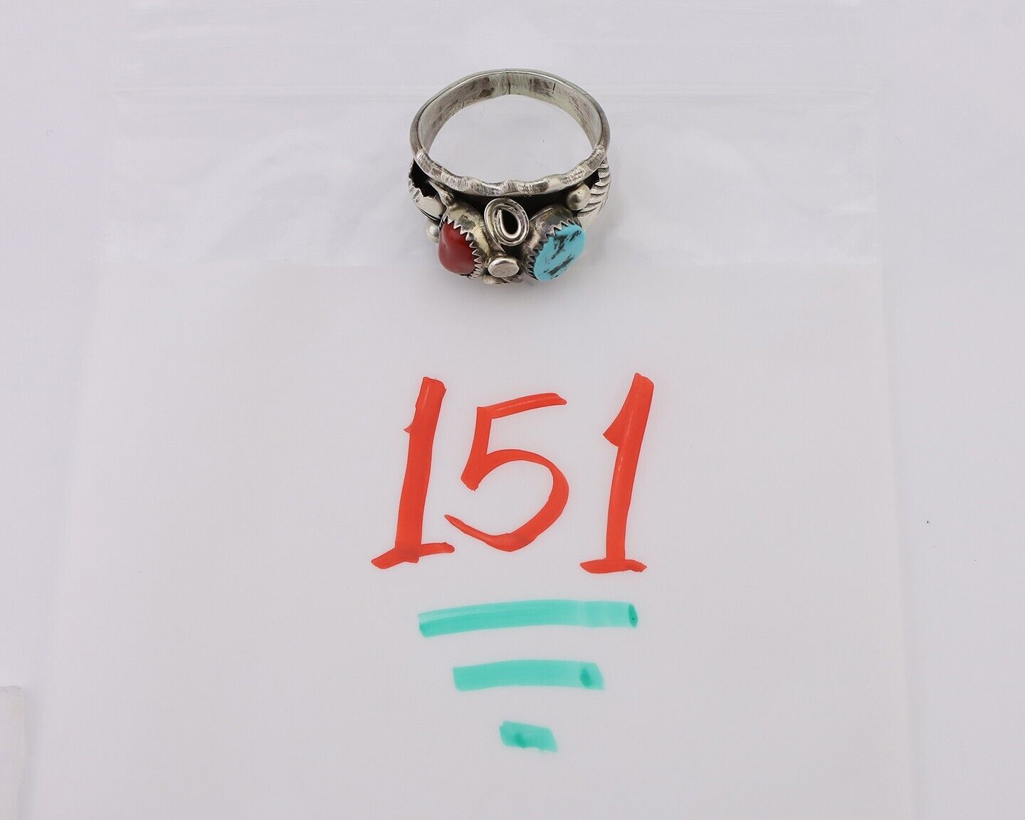 Navajo Ring 925 Silver Coral Turquoise Artist Signed Max Calabaza C.80's