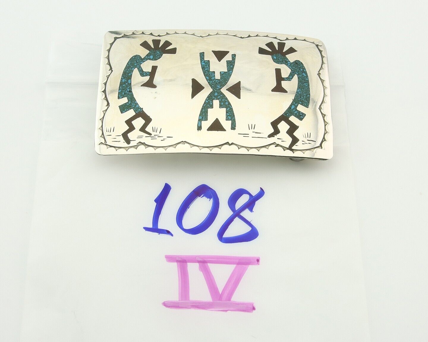 Vintage Navajo Belt Buckle 925 Silver Handmade Inlaid Gemstone Signed HB