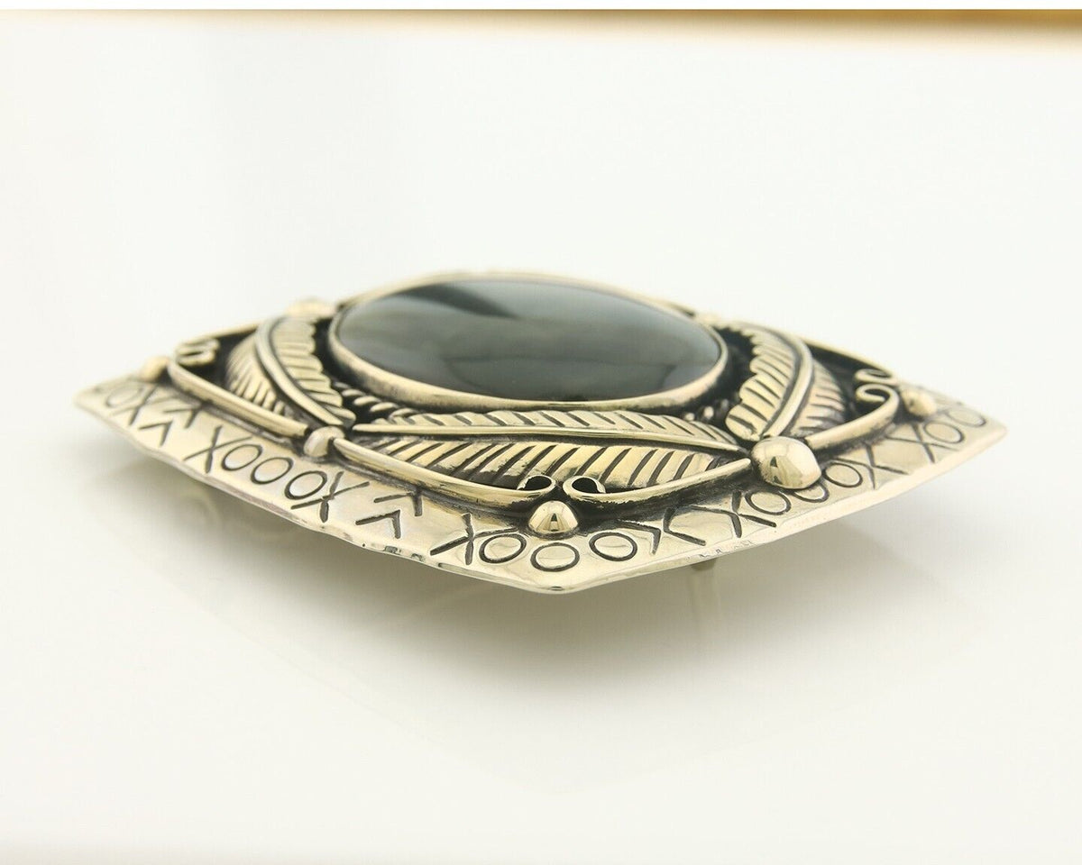 Navajo Belt Buckle .999 Nickel Agate Native Artist Handmade 2.5 x 3.0 in C.80s