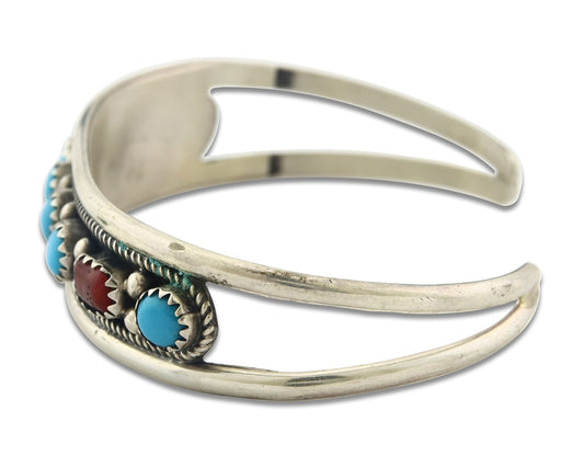 Vintage Navajo Bracelet 925 Silver Red Coral Turquoise Signed Herman Lee