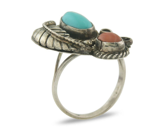 Navajo Ring 925 Sterling Natural Coral & Turquoise Signed EH C.80's Size 7.5