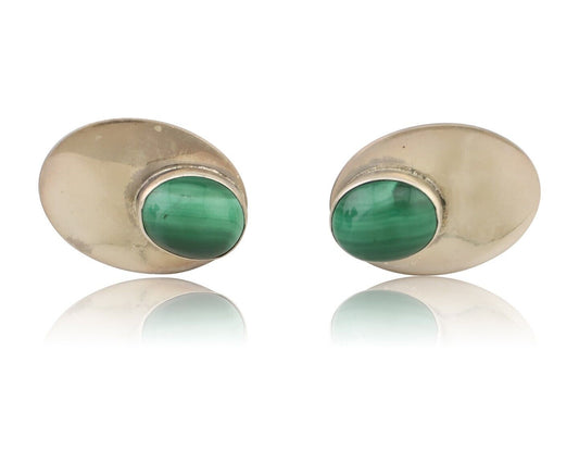 Navajo Shield Earrings 925 Silver Natural Malachite Signed Ella Peters C.80's