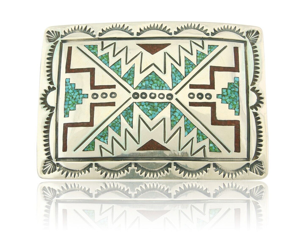 Vintage Navajo Belt Buckle 925 Silver Handmade Inlaid Gemstone Stanely Bain