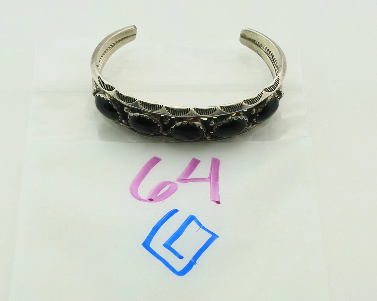 Navajo Cuff Bracelet 925 Sterling Silver Onyx Vintage Signed H Spencer