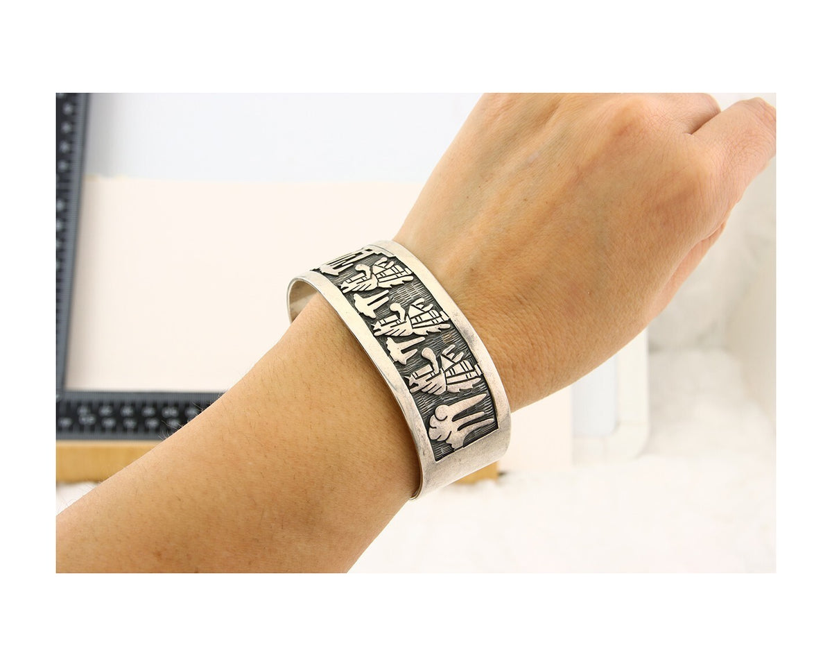 Hopi Pictograph Bracelet 925 Silver Handmade Artist Signed S Tom C.80's
