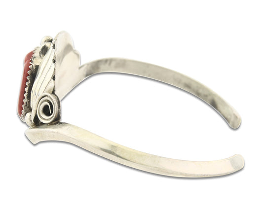 Vintage Navajo Bracelet 925 Silver Red Coral handmade Signed Justin Morris