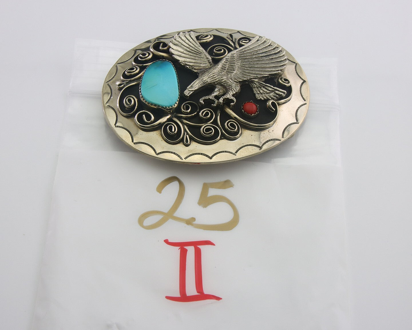 Navajo Belt Buckle .999 Nickel Buffalo Gemstone Handmade 2.5 x 3.0 in C.80's