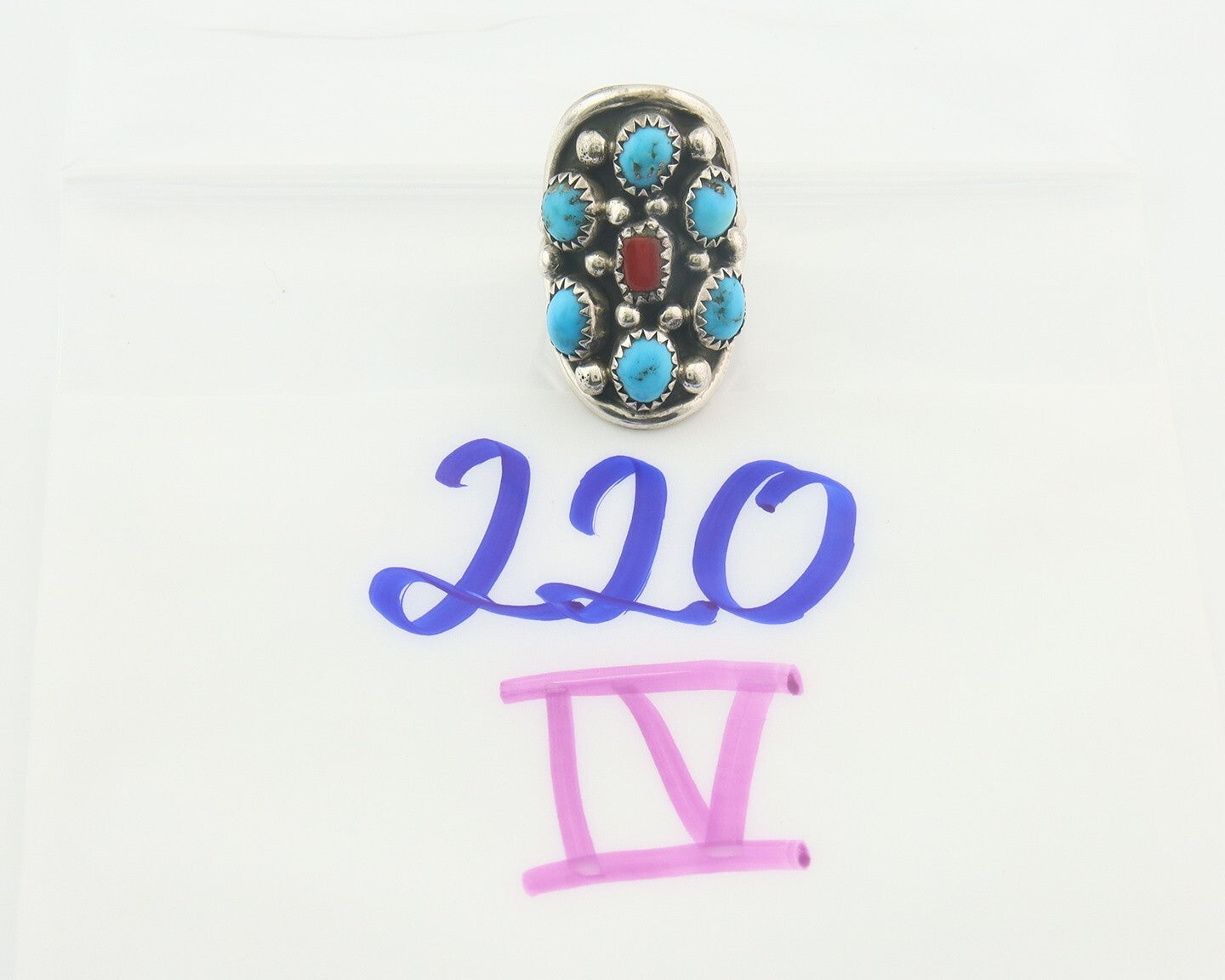 Navajo Ring 925 Sterling Natural Coral & Turquoise Signed EH C.80's Size 5.75