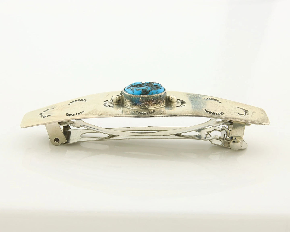 Navajo Barrette Sterling Silver Turquoise Hand Stamped Vintage Native Artist