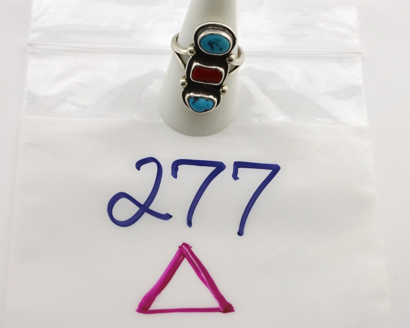 Navajo Ring 925 Silver Sleeping B Turquoise & Coral Native American Artist C.80s