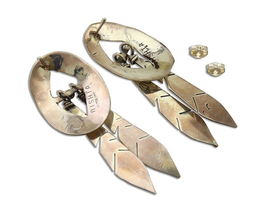 Navajo Feather Earrings 925 Silver Dangle Artist Signed DISHTA C.80's