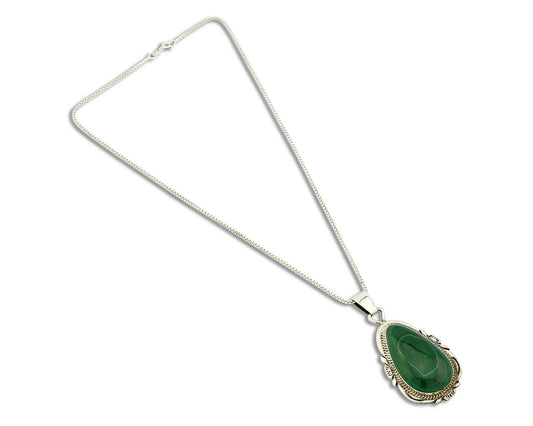 C.80-90's Navajo TALHAT .925 SOLID Silver Natural Mined Malachite Necklace