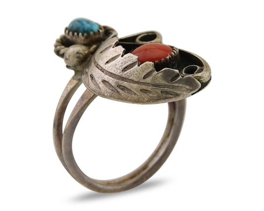 Navajo Handmade Ring 925 Silver Turquoise & Coral Native Artist C.80's
