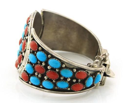 Navajo Cuff Bracelet Sterling Silver Natural Gemstone Vintage Signed JW Toadlena