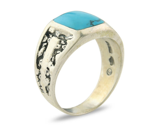 Men Vintage Nugget Ring 925 Sterling Turquoise Artist Signed SC Size 10.25