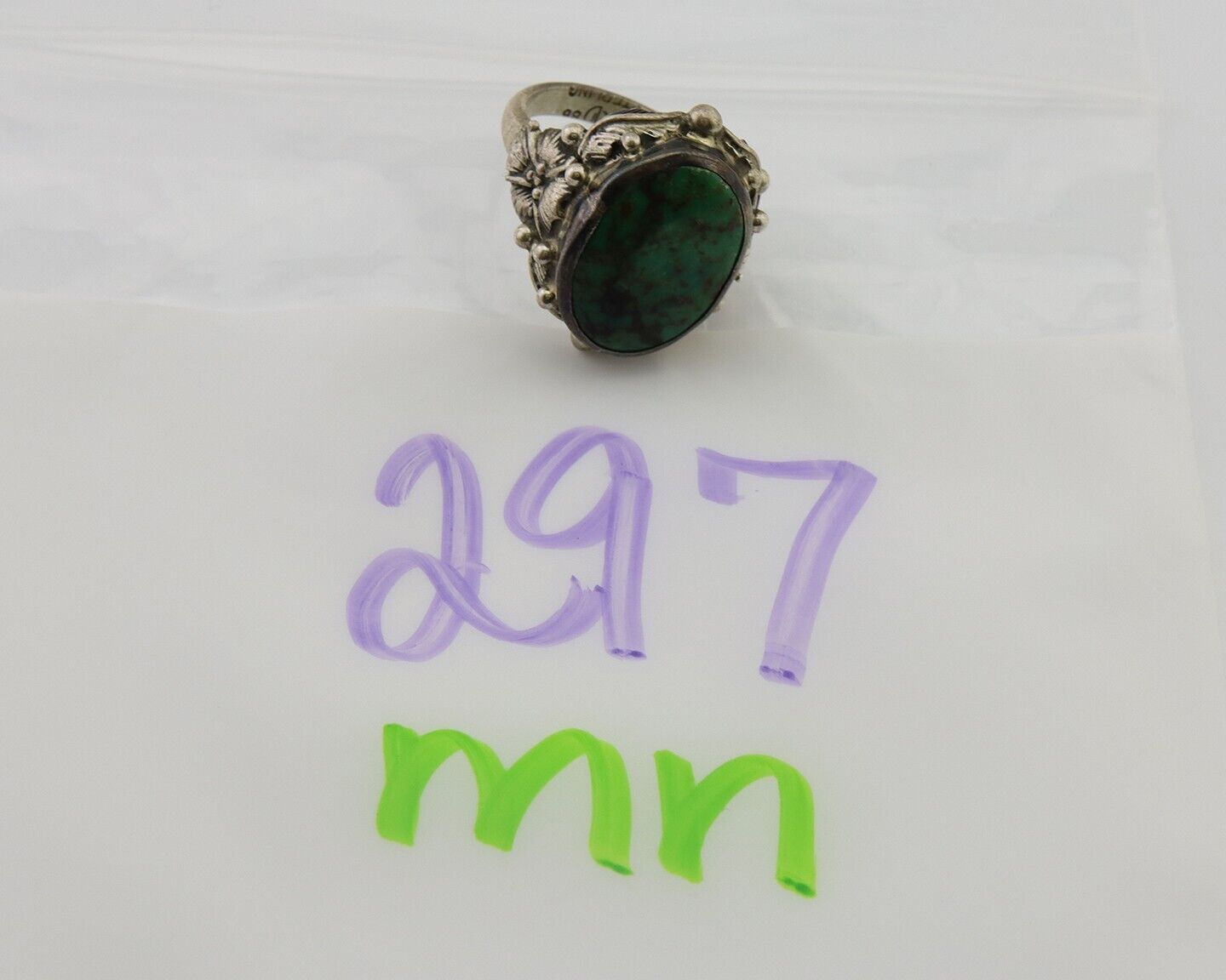 Navajo Ring 925 Silver Green Turquoise Signed CD C.1986's