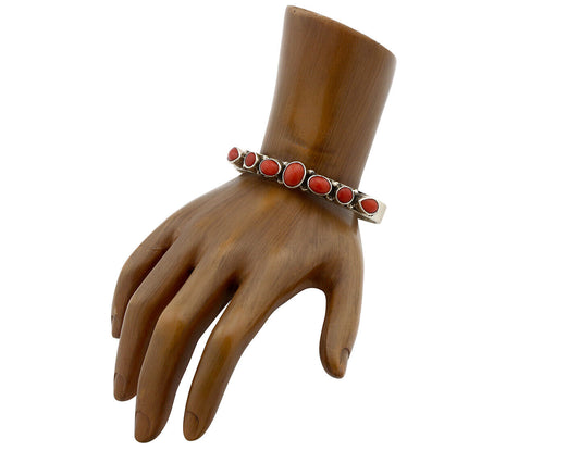 Navajo Bracelet .925 Silver Natural Red Coral Artist Signed Circle JW C.1980's