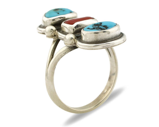 Navajo Ring 925 Silver Sleeping B Turquoise & Coral Native American Artist C.80s