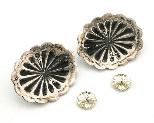 Navajo Concho Earrings Sterling Silver Coral Vintage Native Artist