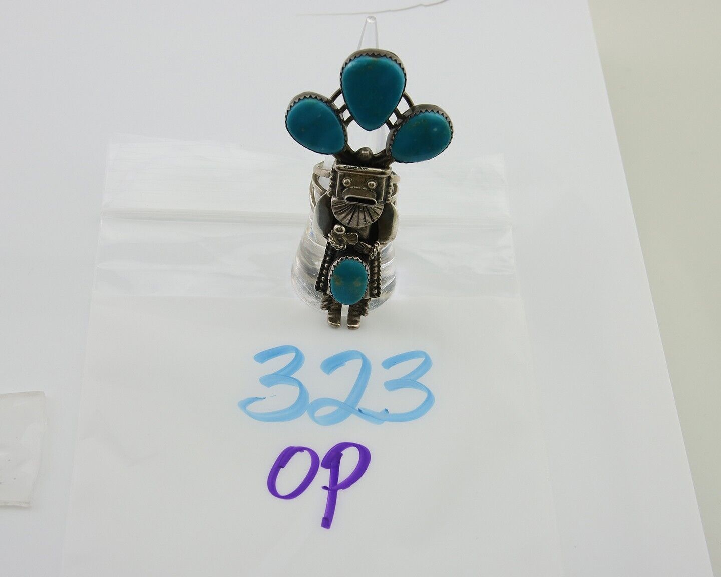 Navajo Kachina Ring 925 Silver Blue Gem Turquoise Signed Broken Arrow C.80's