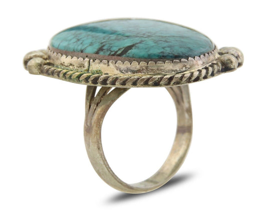 Navajo Ring 925 Sterling Spiderweb Blue Turquoise Native Artist C.80's Size 8.25