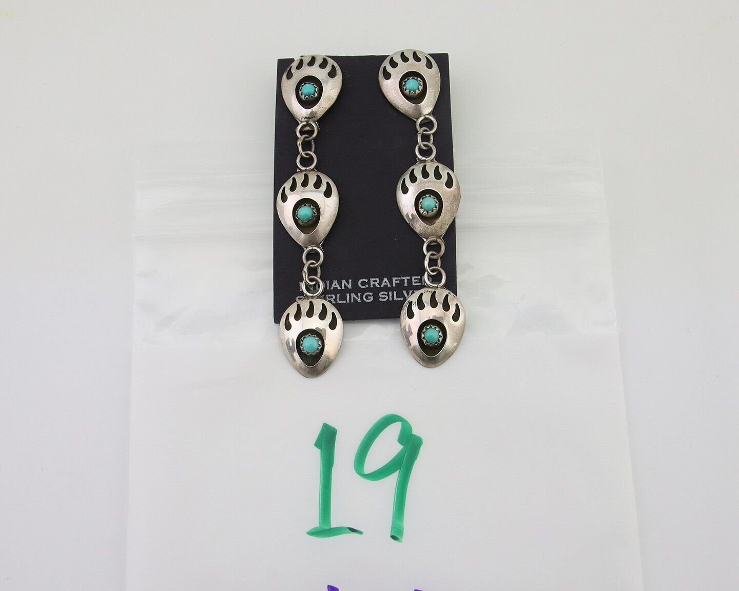 Navajo Paw Earrings 925 Silver Kingman Turquoise Native American Artist C.80's