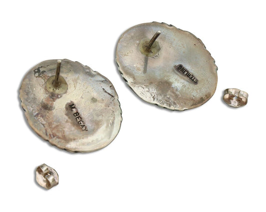 Navajo Hand Stamped Earrings 925 Silver Natural Turquoise Signed M Begay C.80's