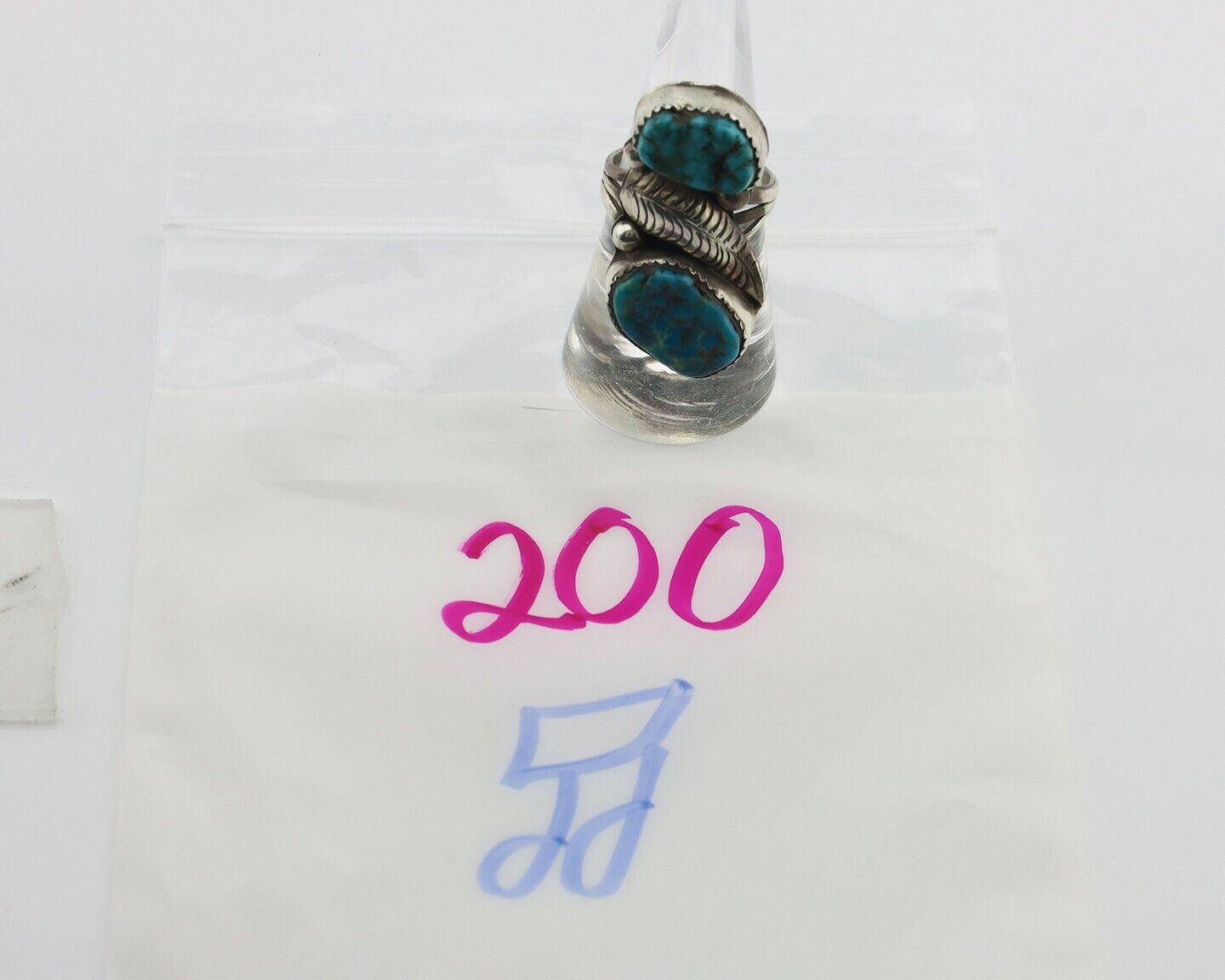 Navajo 2 Stone Ring 925 Silver Seafoam Turquoise Native American Artist C.80's