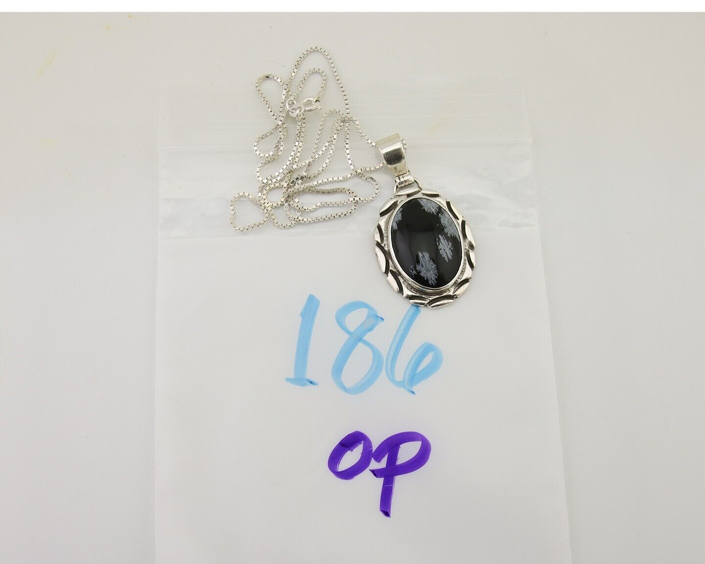 Navajo Necklace 925 Silver Onyx Natural Snowflake Agate Signed Native American