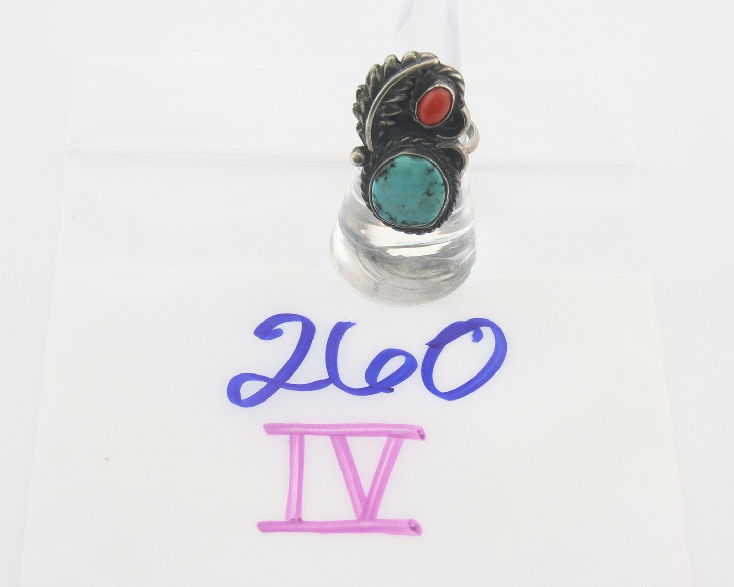 Navajo Ring 925 Sterling Natural Coral & Turquoise Native Artist C.80's Size 7.0