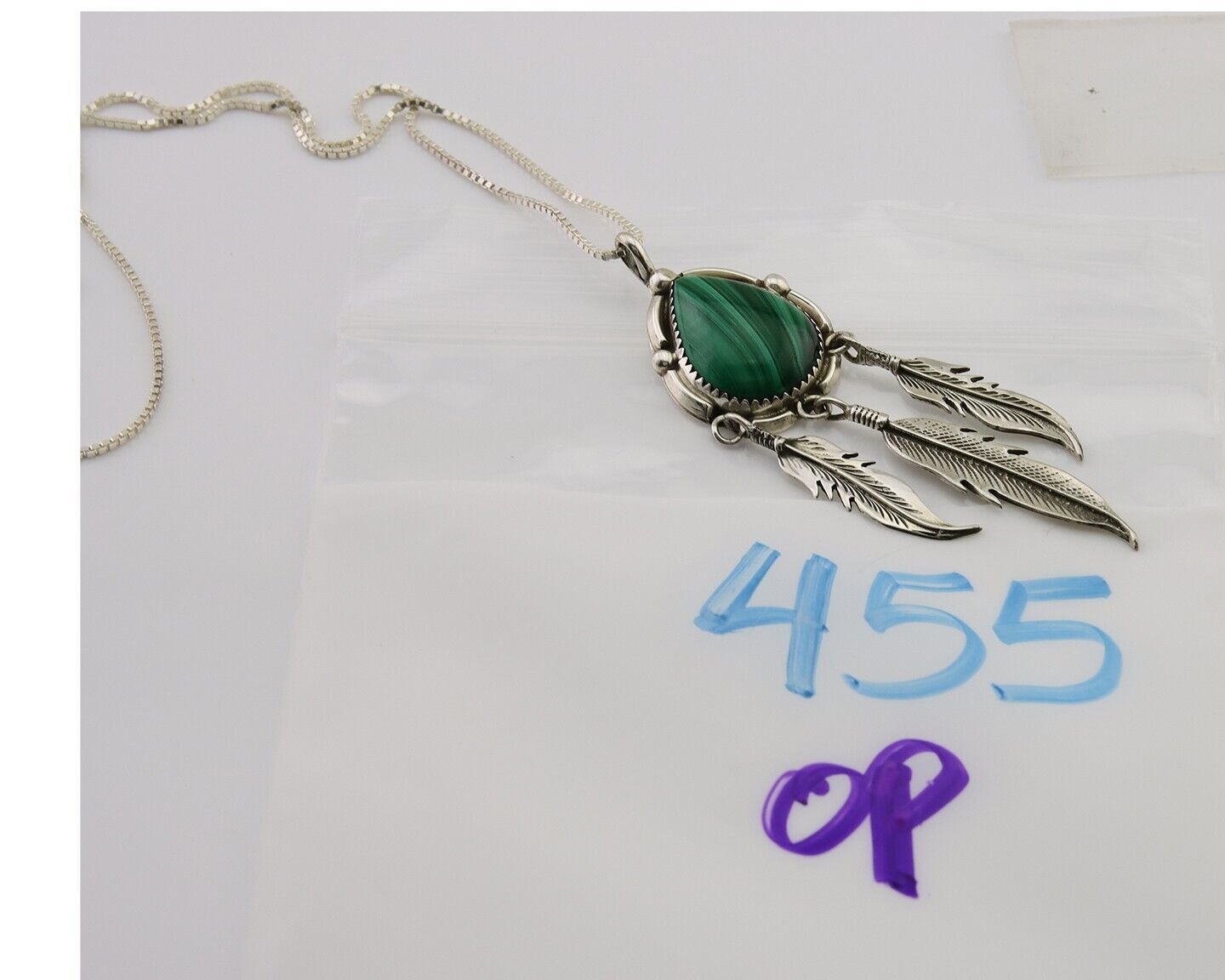 Large Navajo Pendant 925 Silver Natural Malachite Native American Artist C.80's