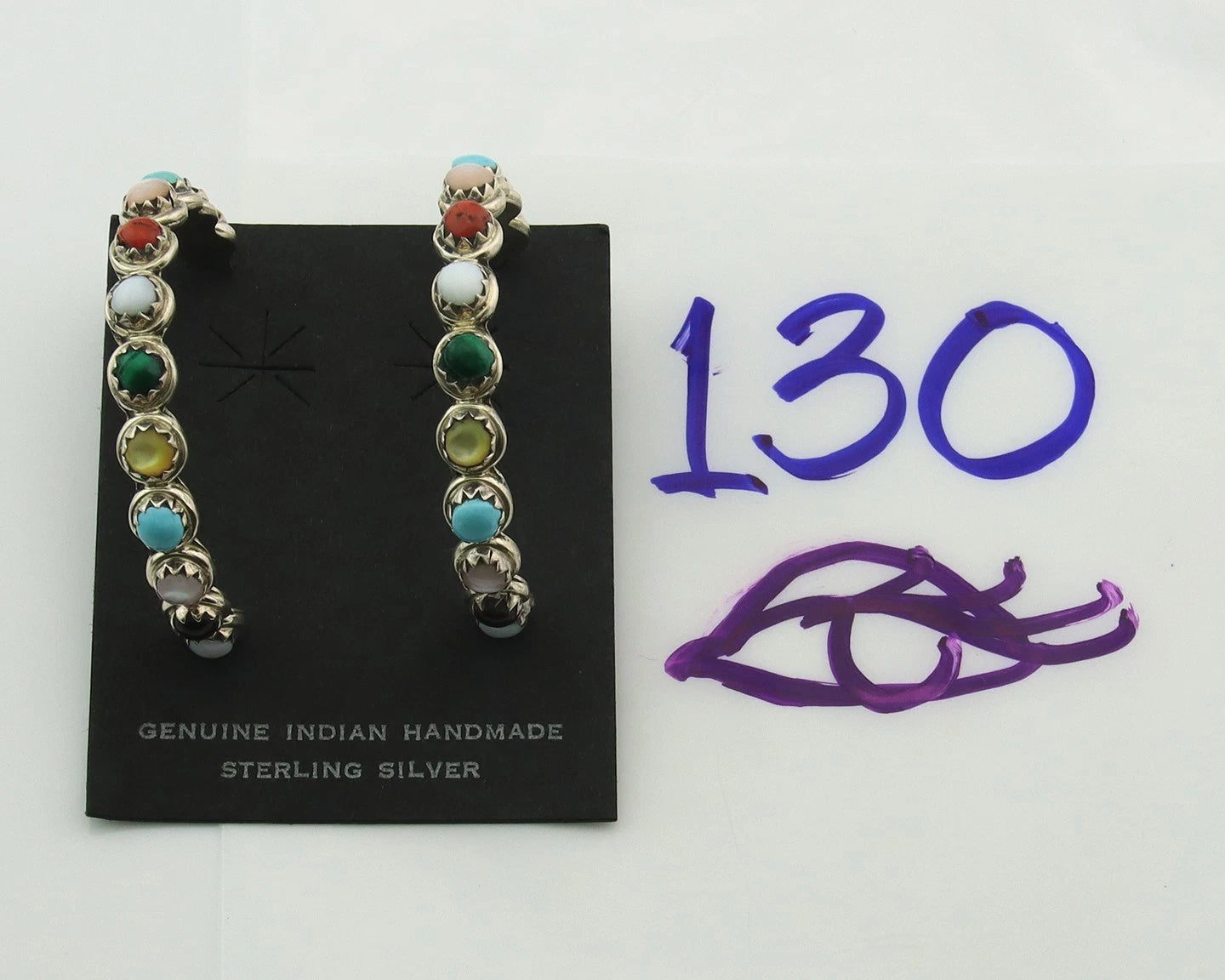 Navajo Hoop Earrings Sterling Silver Natural Gemstones Vintage Signed MCA