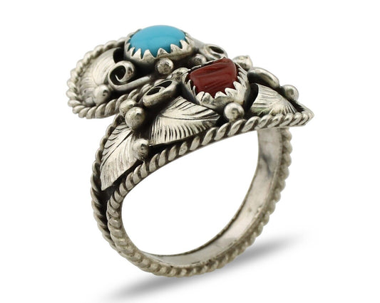 Navajo Adjustable Ring 925 Silver Turquoise & Coral Artist Signed Gecko C.80's