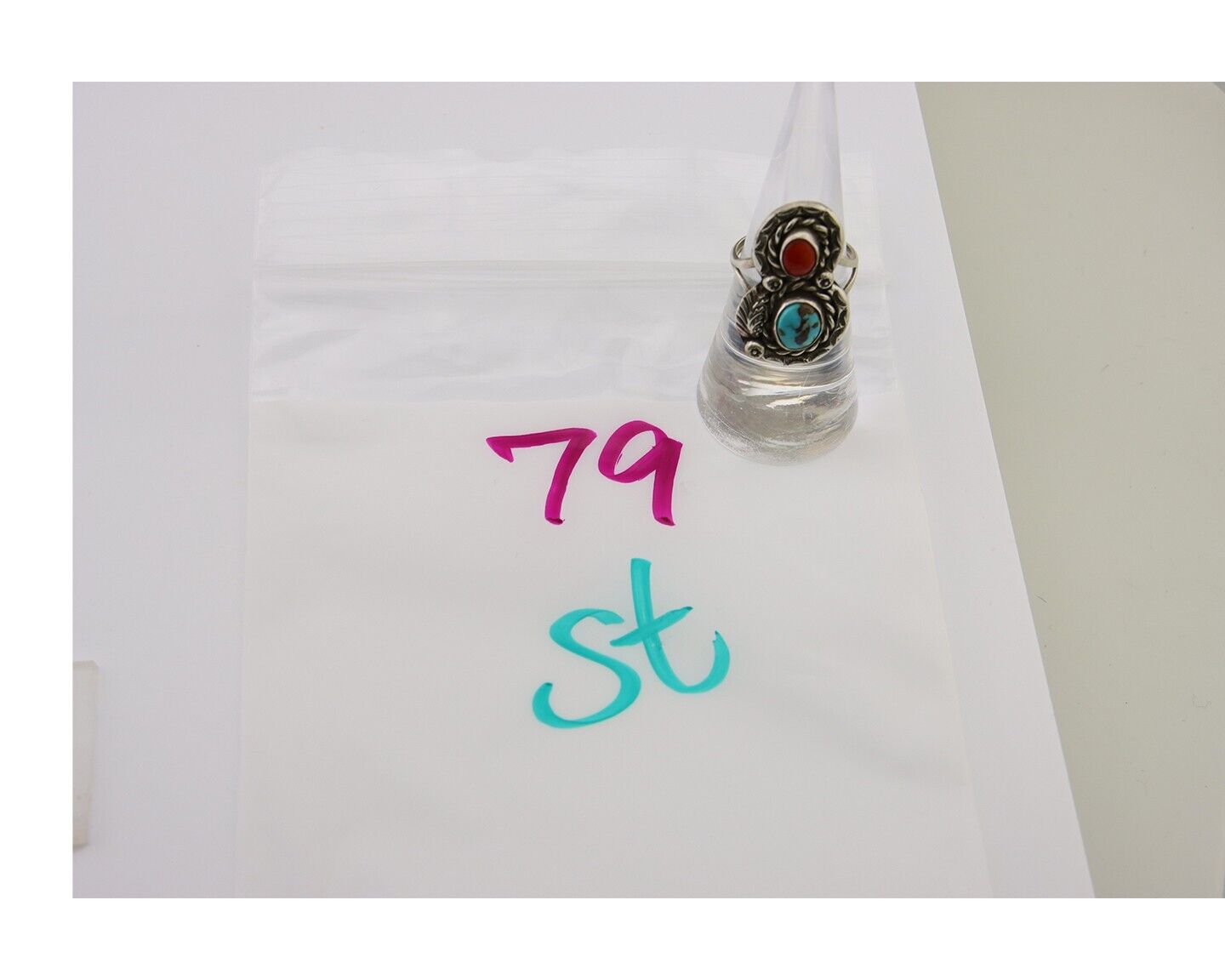 Navajo Ring 925 Silver Turquoise & Coral Native American Artist C.80's