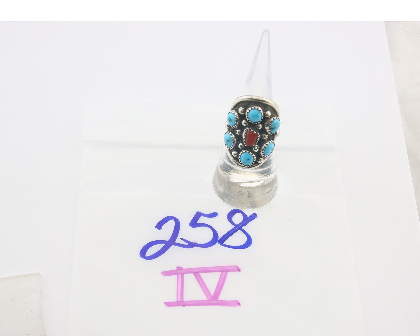 Navajo Ring 925 Sterling Natural Coral & Turquoise Signed EH C.80's Size 6.25