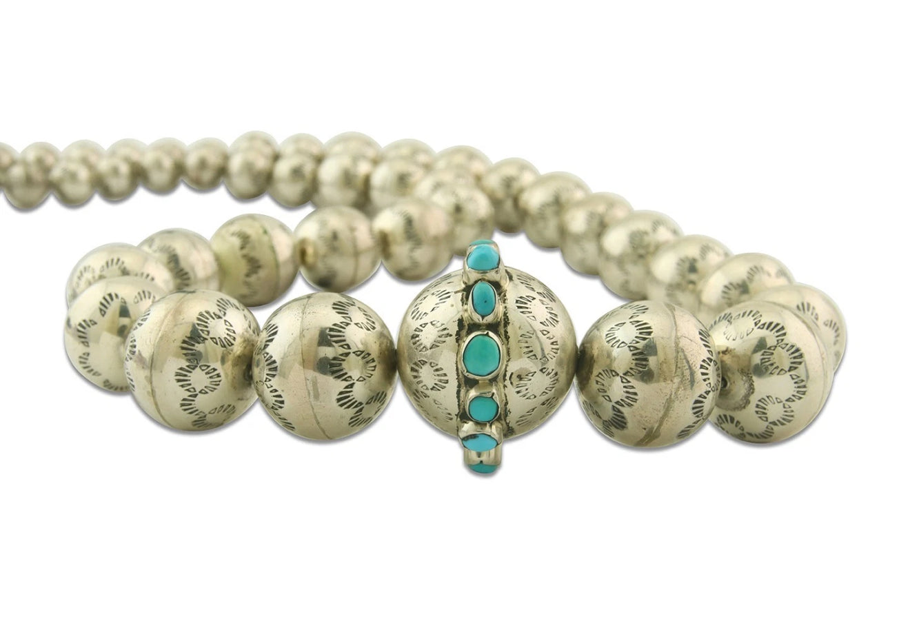 Vintage Navajo Bead Necklace 925 Siilver Turquoise Hand Stamped Native Artist 30