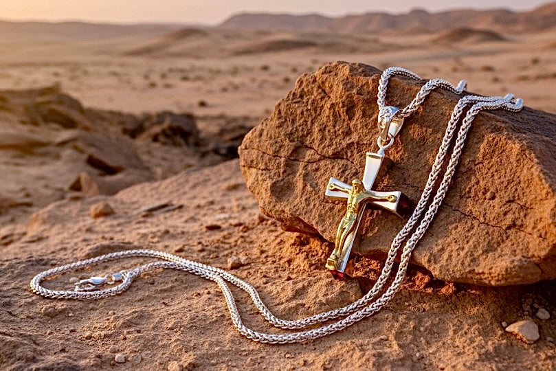 Solid .925 Sterling Silver Cross Red Zircon Crucifix Pendant & Necklace