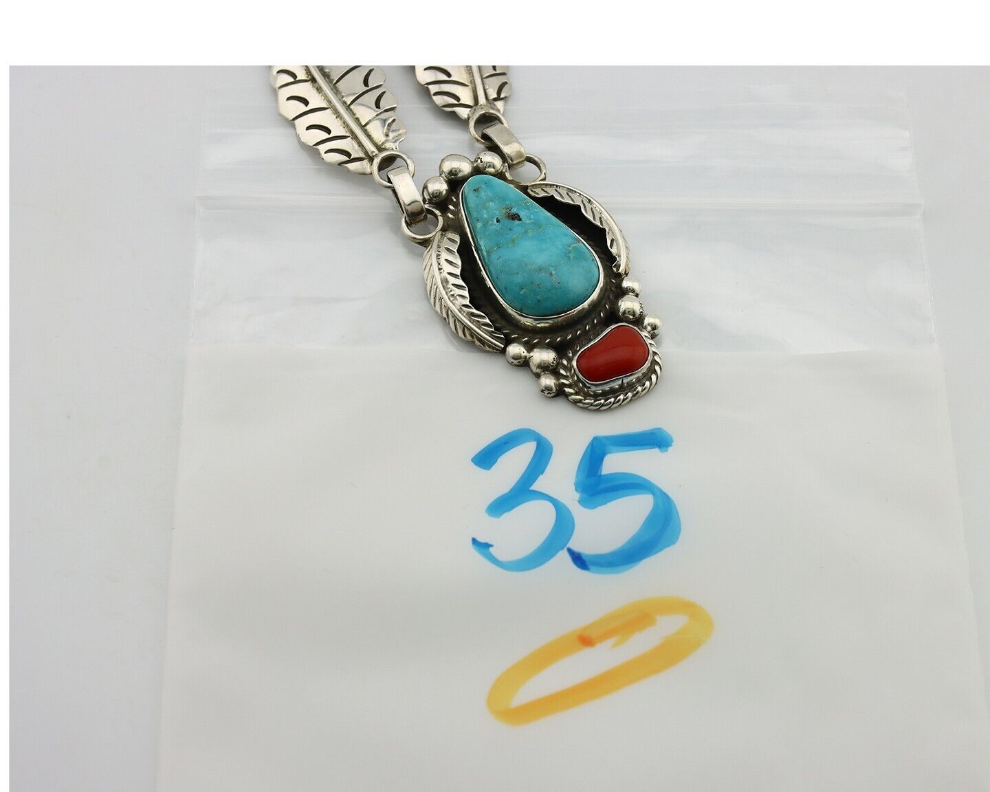 Navajo Necklace 925 Silver Turquoise & Coral Artist Signed Rabbit Stick C.2008