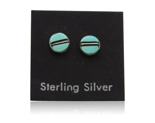 Navajo Earrings 925 Silver Inlaid Natural Turquoise Native American Artist C.80s