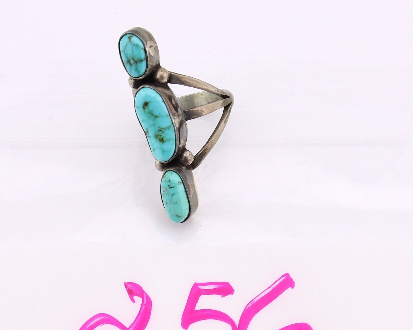Navajo 3 Stone Ring 925 Silver Morenci Turquoise Native American Artist C.80's
