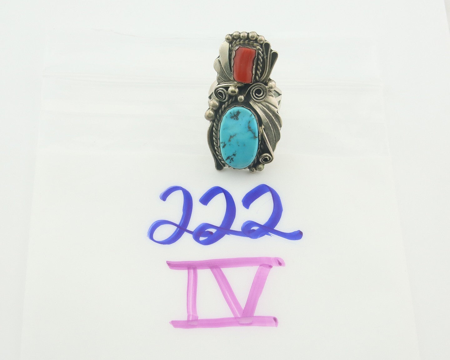 Navajo Ring 925 Sterling Natural Coral & Turquoise Signed JM C.80's Size 9.0