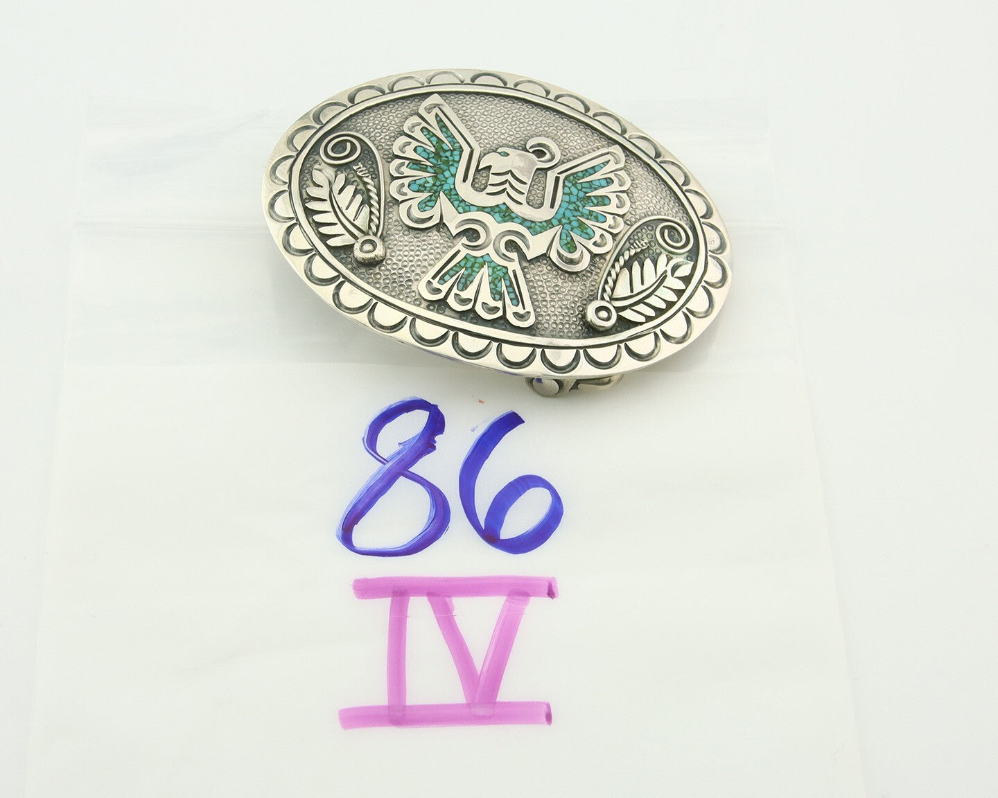 Vintage Navajo Belt Buckle 925 Silver Inlaid Eagle Turqouise Signed Stanley Bain