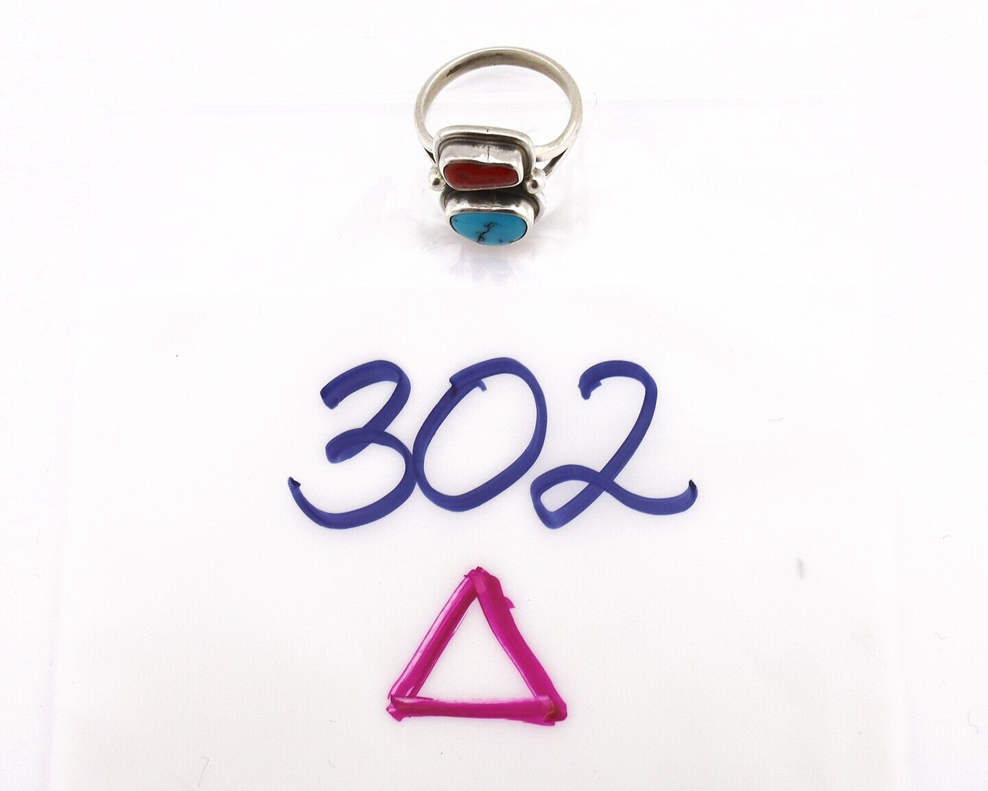 Navajo Ring 925 Silver SB Turquoise & Red Coral Native American Artist C.80s