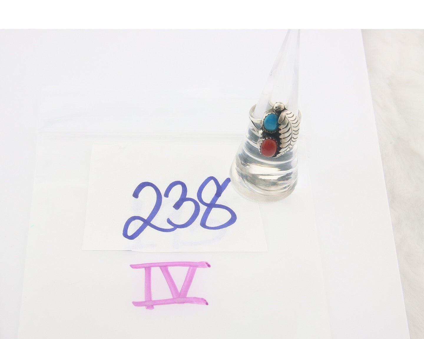 Navajo Ring 925 Sterling Natural Coral & Turquoise Signed BB C.80's Size 6.0