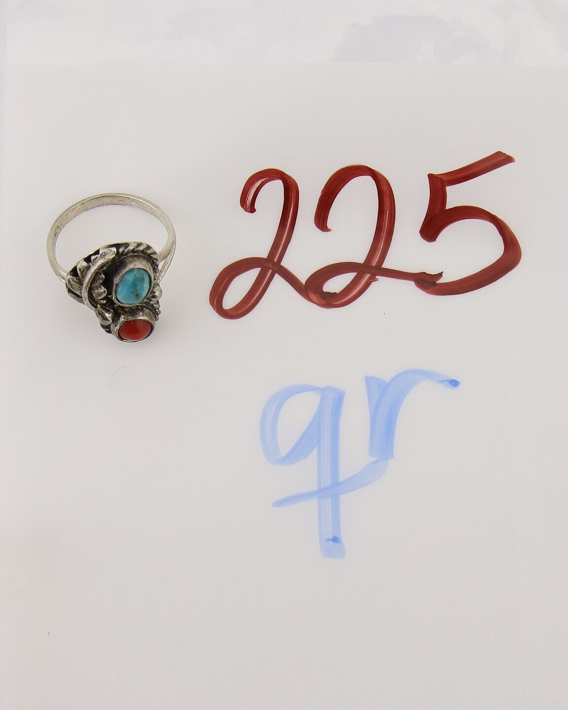 Navajo Handmade Ring 925 Silver Coral & Turquoise Native Artist C.80's